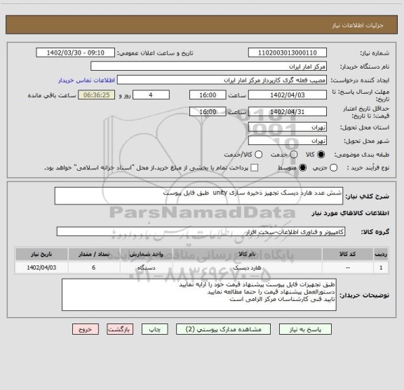 استعلام شش عدد هارد دیسک تجهیز ذخیره سازی unity  طبق فایل پیوست