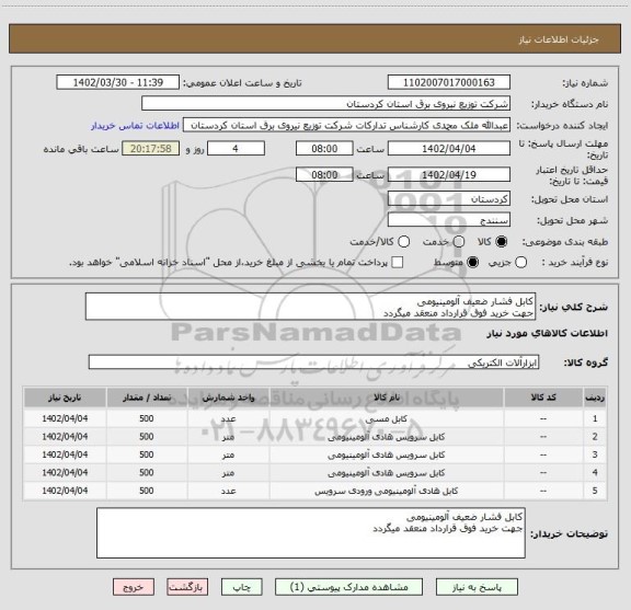 استعلام کابل فشار ضعیف آلومینیومی
جهت خرید فوق قرارداد منعقد میگردد