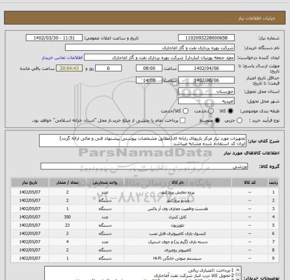 استعلام تجهیزات مورد نیاز مرکز بازیهای رایانه ای(مطابق مشخصات پیوستی پیشنهاد فنی و مالی ارائه گردد)
ایران کد استفاده شده مشابه میباشد