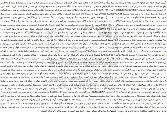 آگهی مزایده چهار دانگ مشاع از ششدانگ پلاک ثبتی یک فرعی از پلاک ششصد و پنجاه و نه اصلی