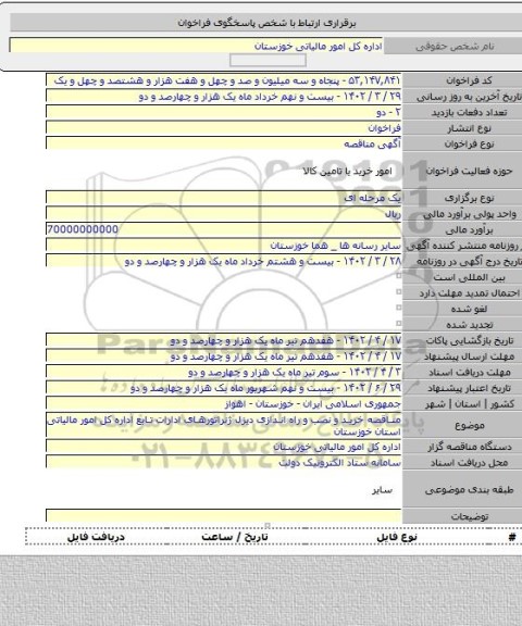 مناقصه, مناقصه خرید و نصب و راه اندازی دیزل ژنراتورهای ادارات تابع اداره کل امور مالیاتی استان خوزستان