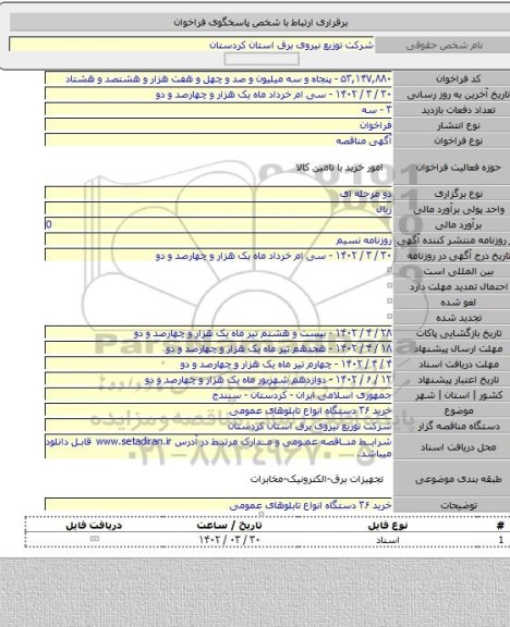 مناقصه, خرید ۳۶ دستگاه انواع تابلوهای عمومی