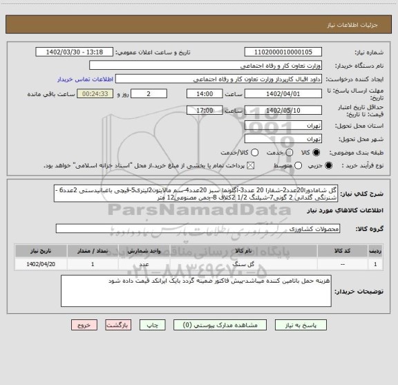 استعلام گل شامادورا20عدد2-شفارا 20 عدد3-آگلونما سبز 20عدد4-سم مالایتون2لیتری5-قیچی باغبانیدستی 2عدد6 -شنرنگی گلدانی 2 گونی7-شیلنگ 1/2 2کلاف 8-چمن مصنوعی12 متر
