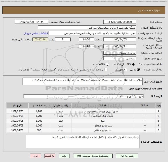 استعلام صافی دیالیز F60 -ست دیالیز - سوکارت -سوزن فیستولای شریانی G16 و سوزن فیستولای وریدی G16