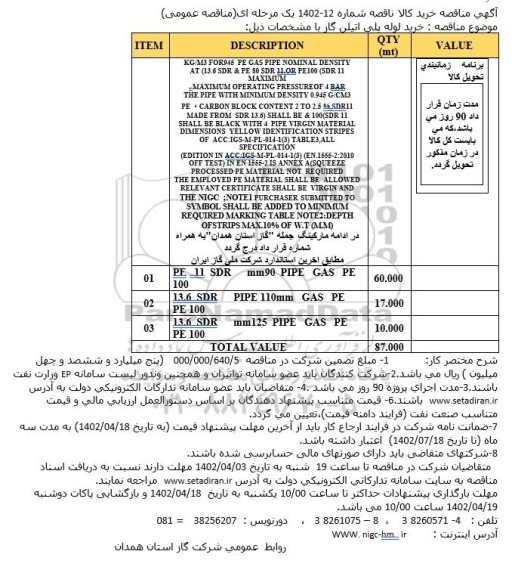 فراخوان مناقصه ، فراخوان مناقصه خرید لوله پلی اتیلن گاز