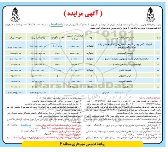مزایده فروش ضایعات...