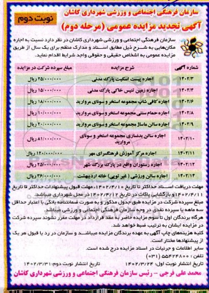 تجدید مزایده اجاره پیست اسکیت پارک مدنی و ...- مرحله دوم نوبت دوم