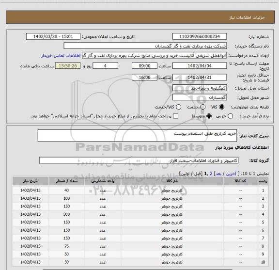 استعلام خرید کارتریج طبق استعلام پیوست