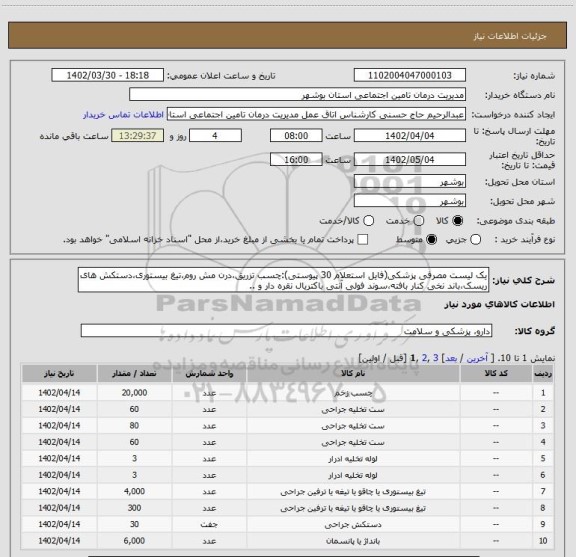 استعلام یک لیست مصرفی پزشکی(فایل استعلام 30 پیوستی):چسب تزریق،درن مش روم،تیغ بیستوری،دستکش های ریسک،باند نخی کنار بافته،سوند فولی آنتی باکتریال نقره دار و ..