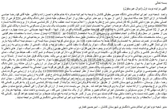 مزایده فروش شش دانگ پلاک ثبتی 224 فرعی از 52 اصلی