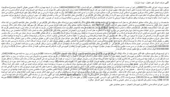 مزایده فروش شش دانگ یک قطعه زمین نوع ملک طلق به پلاک ثبتی 129فرعی از 20اصلی