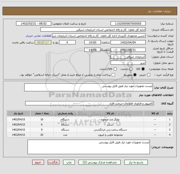 استعلام لیست تجهیزات مورد نیاز طبق فایل پیوستی