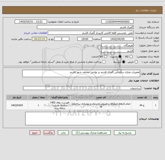 استعلام تعمیرات منازل سازمانی گمرک قشم در نواحی مختلف شهر قشم
