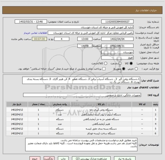 استعلام 1.دستگاه روغن گیر  2 . دستگاه آسیاب برقی 3. دستگاه تقطیر  4. فن هیتر گازی  5. دستگاه بسته بندی پودری 6. دستگاه تی بگ زن