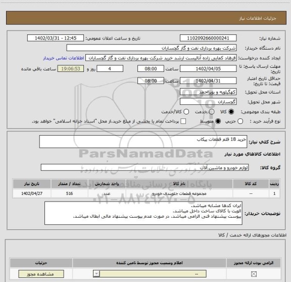 استعلام خرید 18 قلم قطعات پیکاب