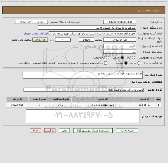 استعلام اصلاح ترانسهای فول بار در شهرستان اوز