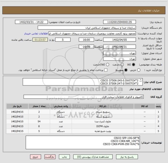 استعلام CISCO 3750X-24S-S SWITCH*2 
CISCO 3750X-24T-S SWITCH*2
CISCO GLC-SX-MMD SFP 1000 Base-SX*54