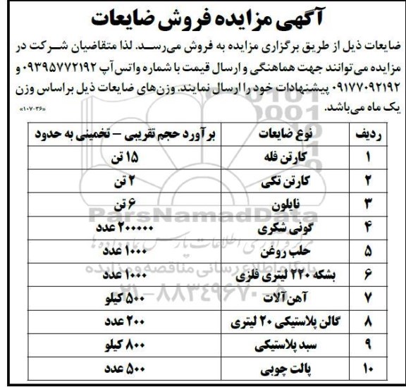 مزایده فروش ضایعات