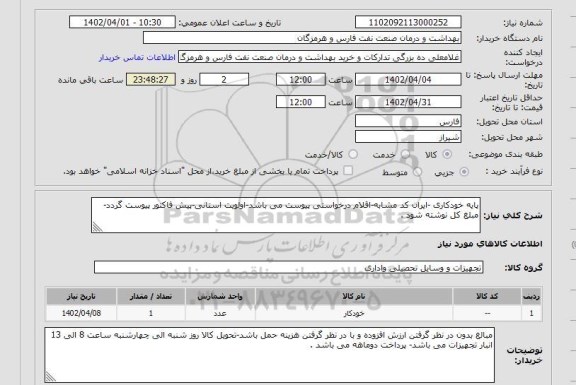 استعلام پایه خودکاری -ایران کد مشابه-اقلام درخواستی پیوست می باشد-اولویت استانی-پیش فاکتور پیوست گردد-مبلغ کل نوشته شود .