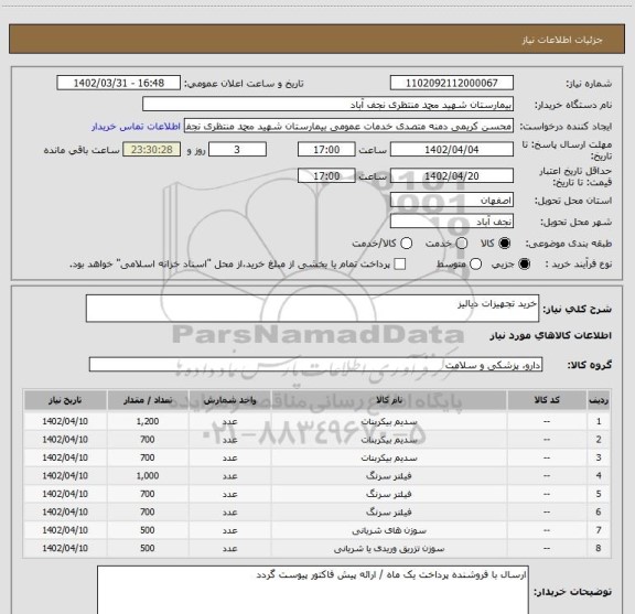 استعلام خرید تجهیزات دیالیز