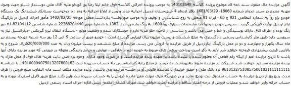 آگهی مزایده ششدانگ یک دستگاه خودرو پژو روآ
