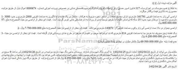 مزایده فروش اراضی آبی زار به مساحت تقریبی 161791 مترمربع 
