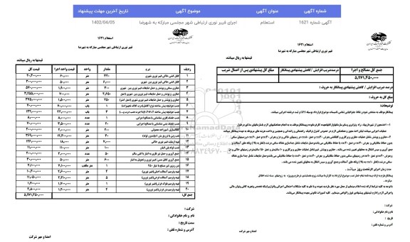 استعلام اجرای فیبر نوری ارتباطی شهر .....