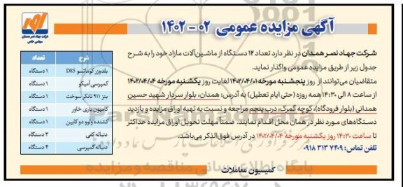 مزایده تعداد 12 دستگاه از ماشین آلات مازاد