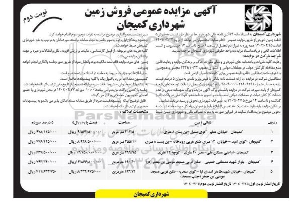 مزایده فروش 5 قطعه زمین ـ نوبت دوم
