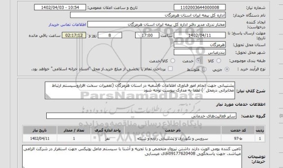 استعلام پشتیبانی جهت انجام امور فناوری اطلاعات 6شعبه در استان هرمزگان (تعمیرات سخت افزاروسیستم ارتباط مخابراتی درمحل  ) لطفا به مدارک پیوست توجه شود
