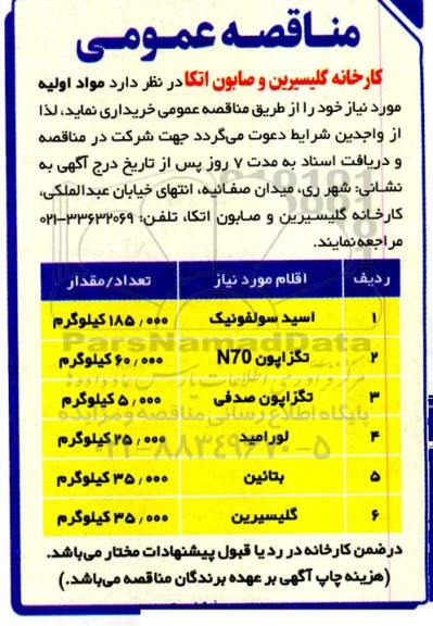 مناقصه خرید مواد اولیه شامل اسید سولفوریک و ...