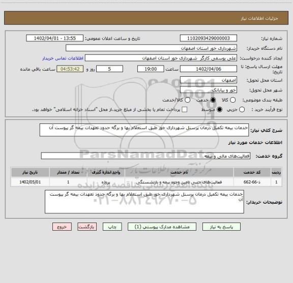 استعلام خدمات بیمه تکمیل درمان پرسنل شهرداری خور طبق استعلام بها و برگه حدود تعهدات بیمه گر پیوست آن