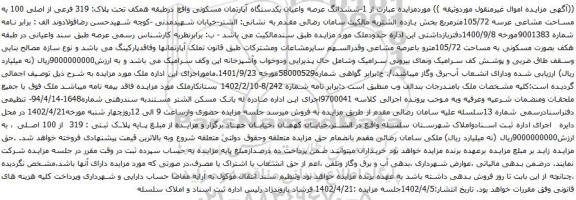 آگهی مزایده ششدانگ عرصه واعیان یکدستگاه آپارتمان مسکونی واقع درطبقه همکف تحت پلاک: 319 فرعی از اصلی 100