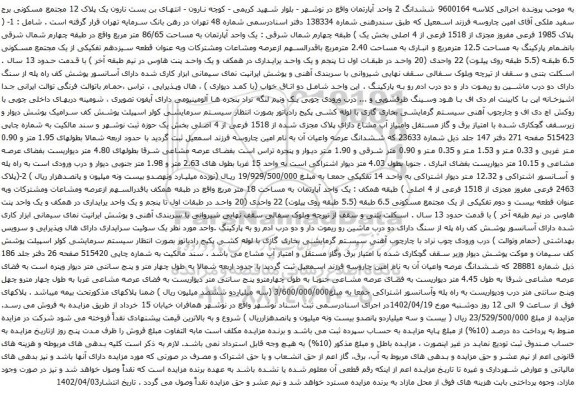 آگهی مزایده پلاک 1985 فرعی مفروز مجزی از 1518 فرعی از 4 اصلی بخش یک