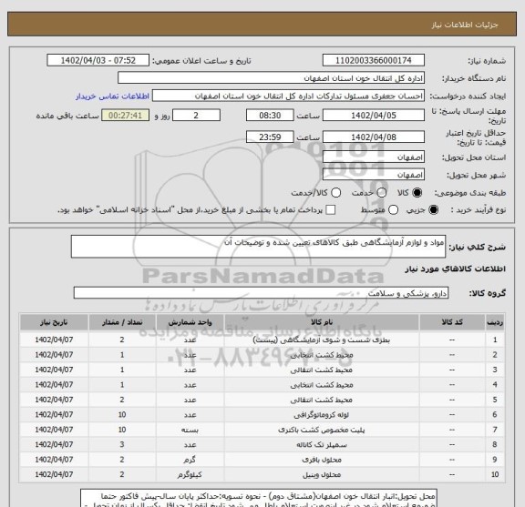 استعلام مواد و لوازم آزمایشگاهی طبق کالاهای تعیین شده و توضیحات آن