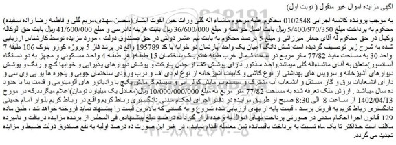 مزایده فروش شش دانگ اعیان یک واحد آپارتمان دو خوابه با کد 195789