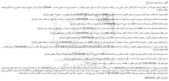 مزایده فروش الف) عرصه یک قطعه زمین آبیزار موسوم به زمین خاکریزه به مساحت تقریبی 18000 متر مربع 