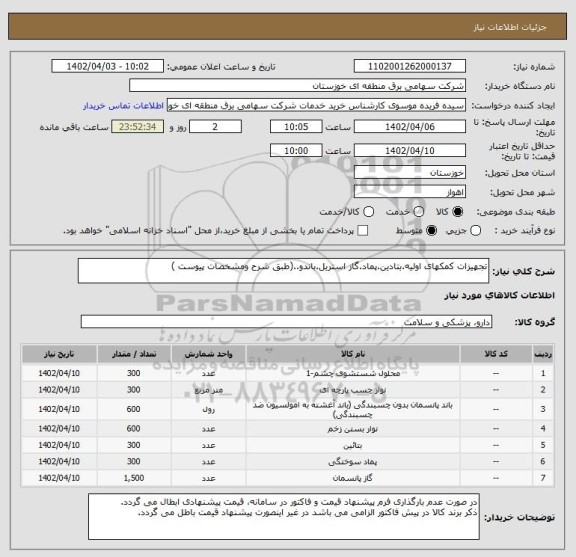 استعلام تجهیزات کمکهای اولیه.بتادین.پماد.گاز استریل.باندو..(طبق شرح ومشخصات پیوست )