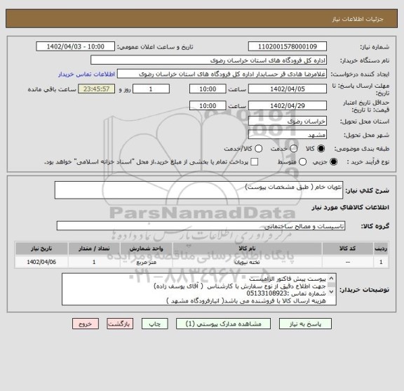 استعلام نئوپان خام ( طبق مشخصات پیوست)