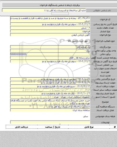 مناقصه, خرید حمل نصب و راه اندازی سه دستگاه ایکس ری جهت نصب در ایستگاه های تهران مشهد و گرگان