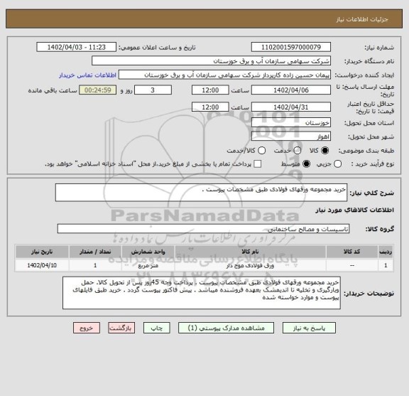 استعلام خرید مجموعه ورقهای فولادی طبق مشخصات پیوست .