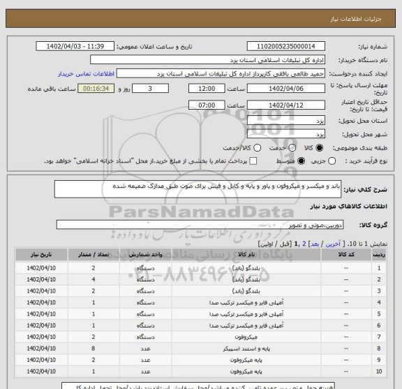 استعلام باند و میکسر و میکروفون و پاور و پایه و کابل و فیش برای صوت طبق مدارک ضمیمه شده