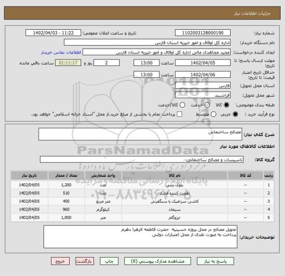 استعلام مصالح ساختمانی