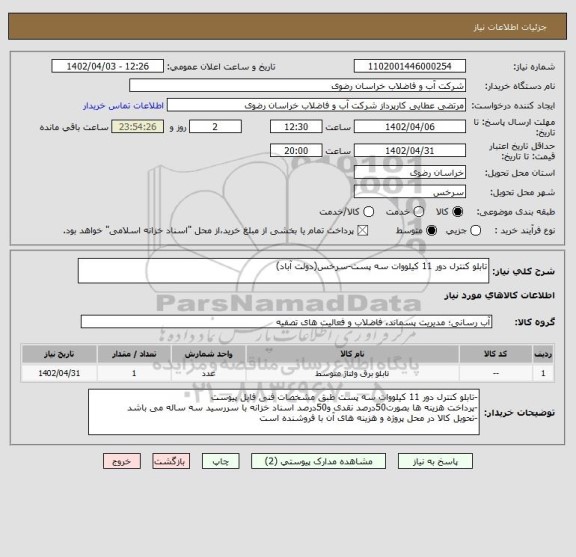 استعلام تابلو کنترل دور 11 کیلووات سه پست-سرخس(دولت آباد)
