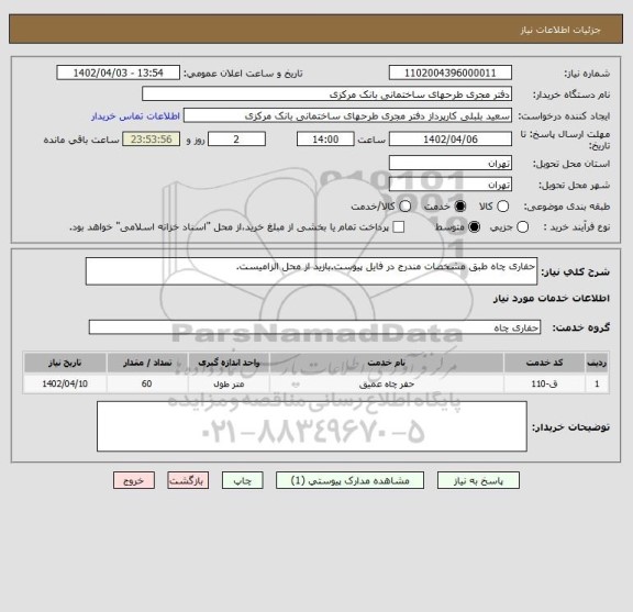 استعلام حفاری چاه طبق مشخصات مندرج در فایل پیوست.بازید از محل الزامیست.