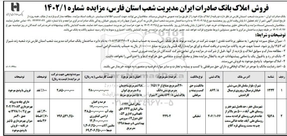 مزایده دو رقبه از املاک مازاد