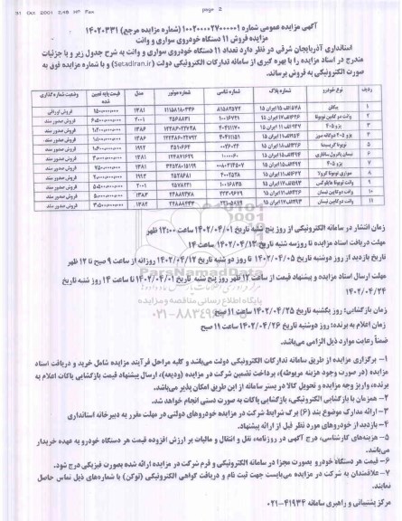 مزایده فروش 11 دستگاه خودروی سواری و وانت