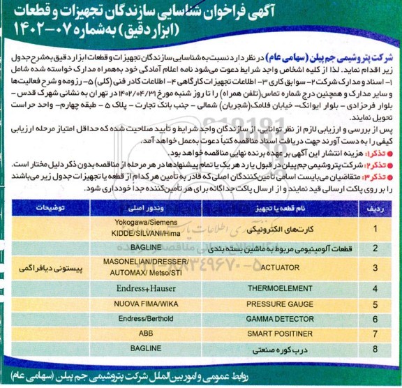 فراخوان شناسایی سازندگان تجهیزات و قطعات ابزار دقیق