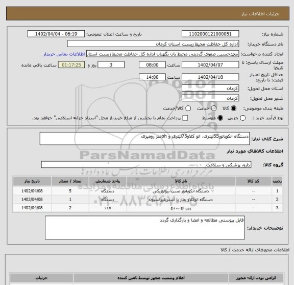 استعلام دستگاه انکوباتور55لیتری، اتو کلاو75لیتری و phمتر رومیزی