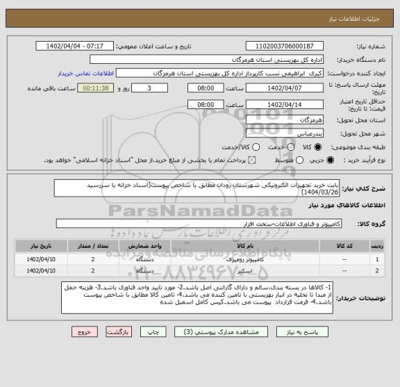 استعلام بابت خرید تجهیزات الکترونیکی شهرستان رودان مطابق با شاخص پیوست(اسناد خزانه با سررسید 1404/03/26)